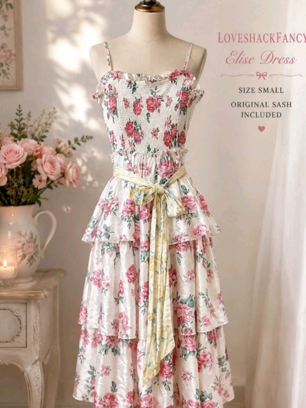 LoveShackFancy Elise Floral Tiered Dress in Pink and Green with Original Sash S